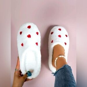 Cozy White Slippers with Red Heart Accents